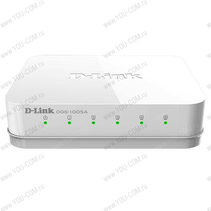 D-Link DGS-1005A/D1A, L2 Unmanaged Switch with 5 10/100/1000Base-T ports. 2K Mac address, Auto-sensing, 802.3x Flow Control, Stand-alone, Auto MDI/MDI-X for each port, Plastic case. Manual + External