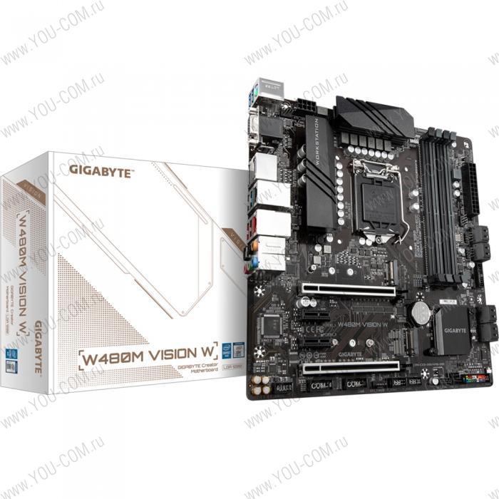 W480M VISION W, Socket 1200, Intel®W480, 4xDDR4-2933, D-SUB+HDMI+DP+DP, 2xPCI-Ex16, 2xPCI-Ex1, 8xSATA3(RAID 0/1/5/10), 2xM.2, 8Ch Audio, 1xGLan, 1x2,5GLan, (0+4)xUSB2.0, (6+2)xUSB3.2, 1xPS/2, mATX, RTL, {10} (809645)