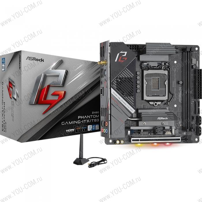 Z490 PHANTOM GAMING-ITX/TB3, Socket 1200, Intel®Z490, 2xDDR4-2933, HDMI+DP, 1xPCI-Ex16, 4xSATA3 (RAID 0/1/5/10), 2xM.2, 8 Ch Audio, 1x2,5GLan, WiFi, (2+2)xUSB2.0, (5+2)xUSB3.2, (1+0)xUSB3.2 Type-C™, 1xPS/2, Mini-ITX, RTL, {10}