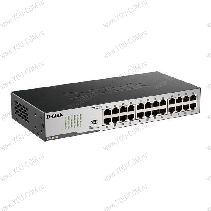 Коммутатор D-Link DGS-1024D/I2A, L2 Unmanaged Switch with 24 10/100/1000Base-T ports.16K Mac address, Auto-sensing, 802.3x Flow Control, Auto MDI/MDI-X for each port, 802.1p QoS, D-Link Green technology, Metal c